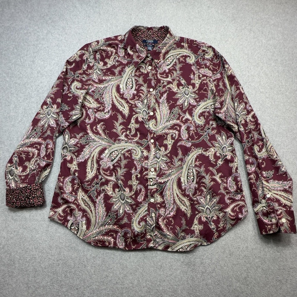 Chaps Shirt Women XL Burgundy Paisley Print Long Sleeve No Iron Button Front Top